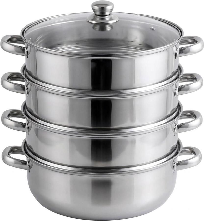 Stoomkoker RVS Stoompan Stoominzetstuk Gezond Koken Drie Lagen Stomen 28 cm Zilver