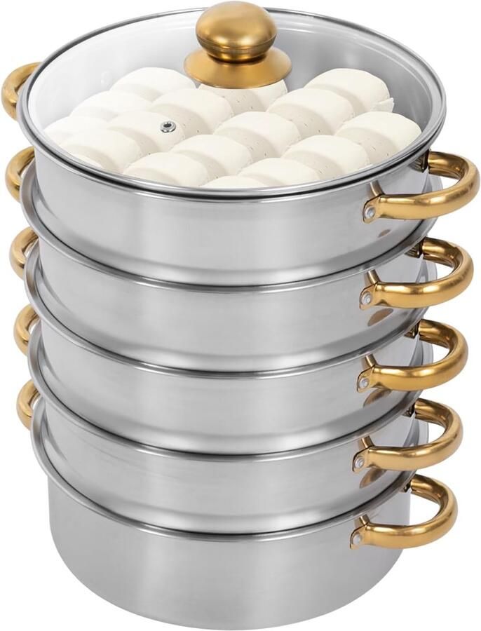 Stoomkoker RVS Stoompan Stoomkoker Gezond Koken Stapelbaar 5-traps 5.8L 6L 9L Zilver Goud