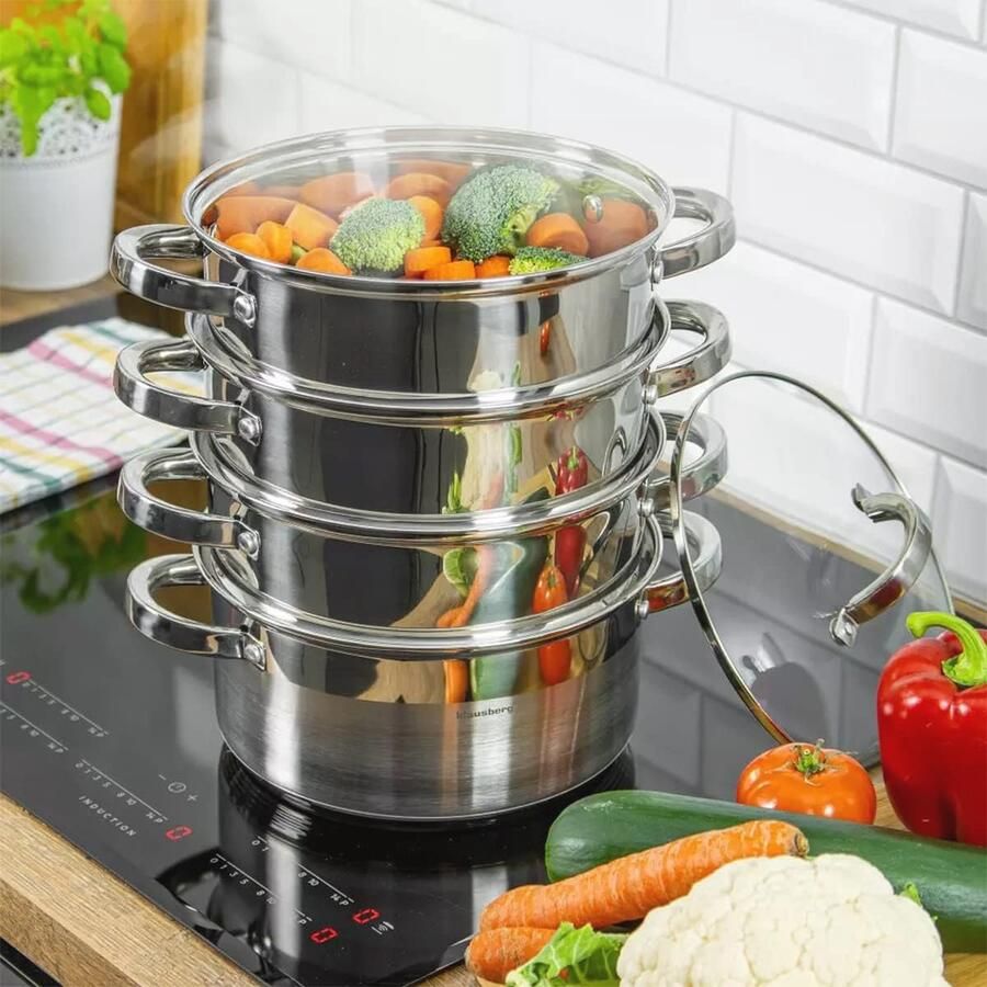 Stoomkoker set 22 cm inductie kookpan met glazen deksel
