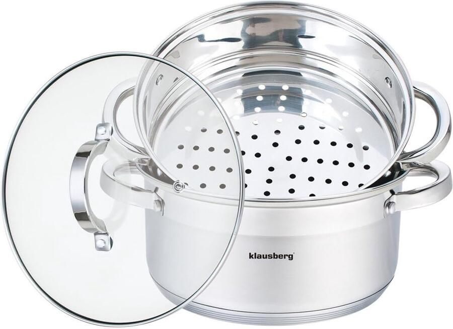 Stoomkoker Set Drie Delig Kookgerei Gezond Koken Inductie Geschikt 22 cm Diameter Zilver