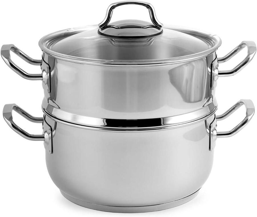 Stoomkoker Set Kookpan met mand Gezond Koken Drievoudige Bodem 22 cm Zilverkleurig