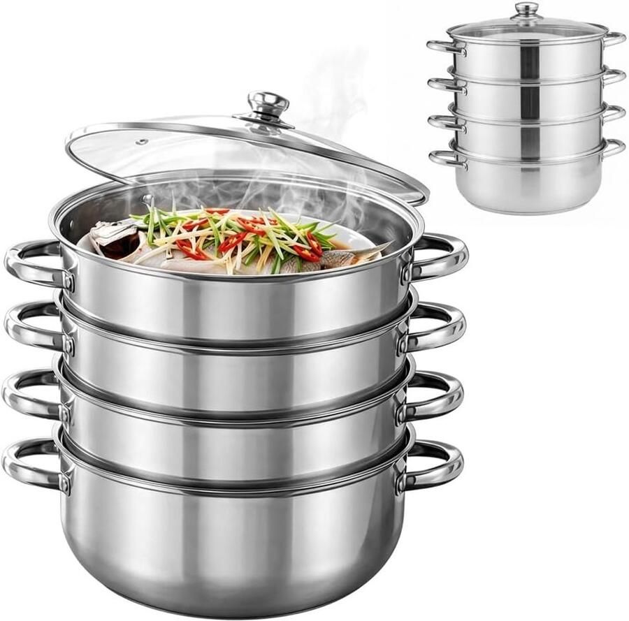 Stoomkoker van RVS met Glazen Deksel 11 inch 3-laags voor Groenten Zeevruchten en Soepen