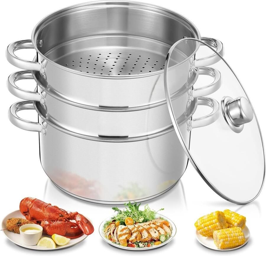 Stoomkoker Zilver 26 cm Roestvrij Staal met Glazen Deksel Voor Stomen Koken en Stoven