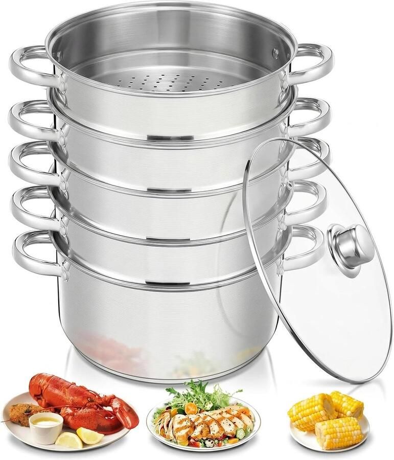 Stoomkoker Zilver 26 cm Roestvrijstalen Stoompan met Glazen Deksel Voor Gezinsmaaltijden