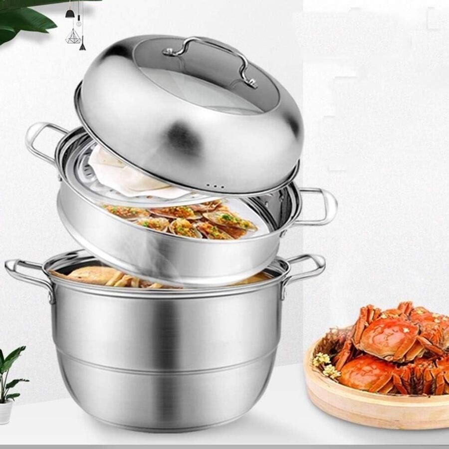 Stoomkokerset RVS Stoompan Inductie Gezond Koken Universeel Geschikt 30 cm Zilver