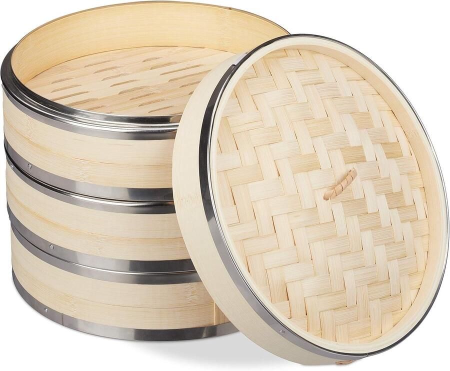 Stoommand Bamboe Aziatische Stomer Gezond Koken Drie Lagen Diameter 24 cm Natuurlijk