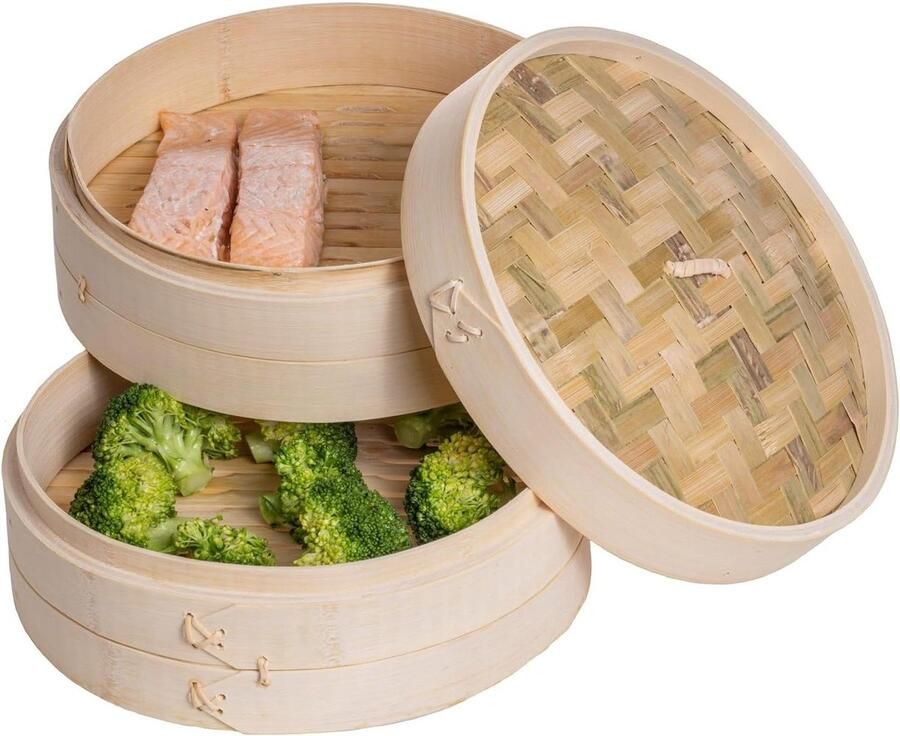 Stoommand Bamboe Dim Sum mand Gezond Koken 2-laags ontwerp 25 cm Natuurlijk