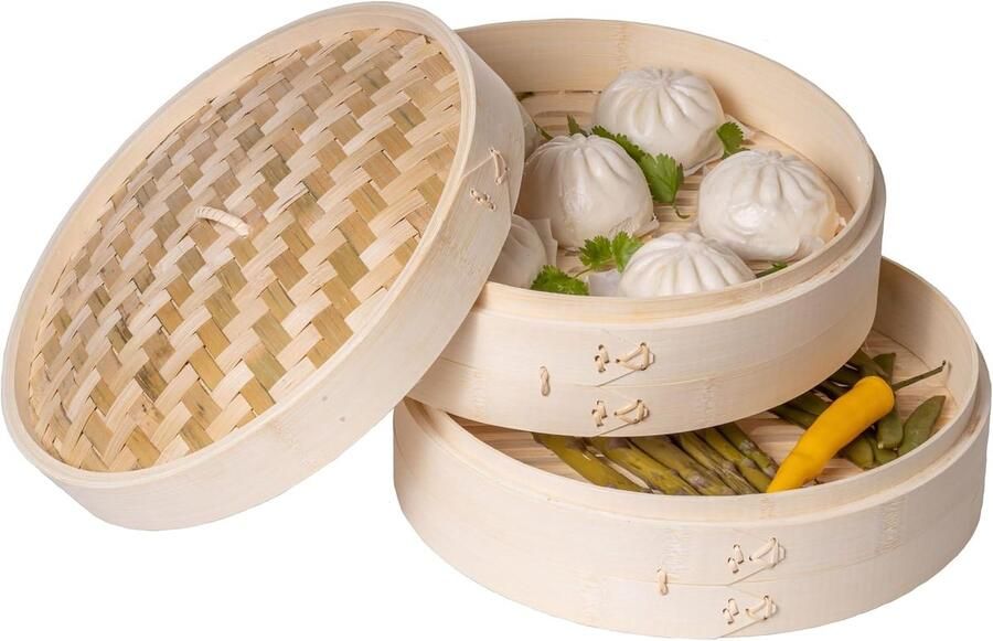Stoommand Bamboe Stoomkoker Gezond Koken Twee Verdiepingen 30 cm Diameter Bruin