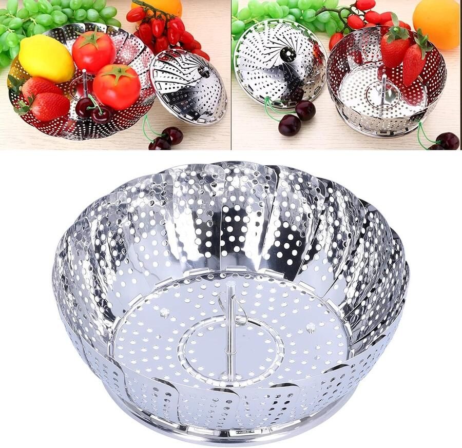 Stoommand Inklapbaar Keukenrek Multifunctioneel Gezond Koken Verstelbaar Formaat 24 cm Diameter Zilverkleurig