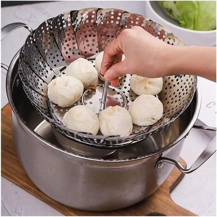 Stoommand Keuken Groente Fruitmand Gezond Koken Inklapbaar Schaalbaar 14-23 cm Zilver