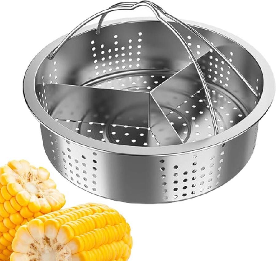 Stoommand RVS Groentegrill Pan Gezond Koken Drievoudige Scheider 21 x 21 x 6.5 cm Zilver