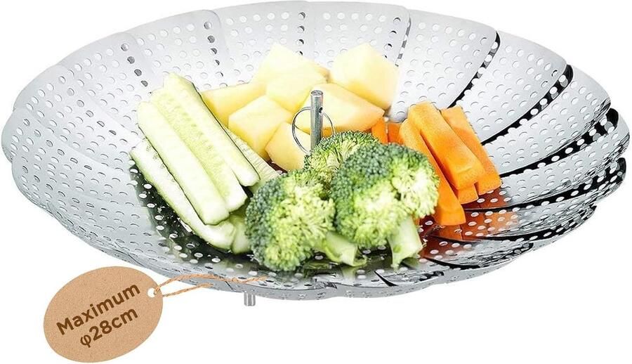 Stoommand RVS Inzetpan Gezond Koken Verstelbare Diameter 16-28 cm Zilver