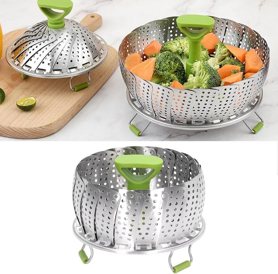 Stoommand RVS Opvouwbaar Keukengereedschap Gezond Koken Siliconen Voetjes Krasvrij Compact Formaat Zilver