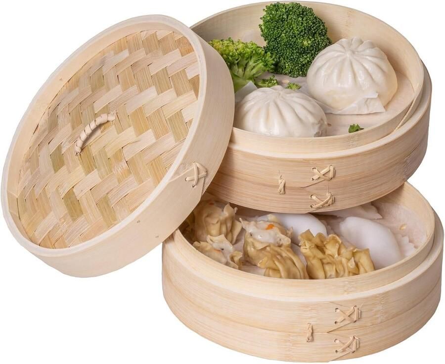 Stoommand Set Bamboe Manden Aziatisch Koken Drie Delig 22cm Diameter Bruin