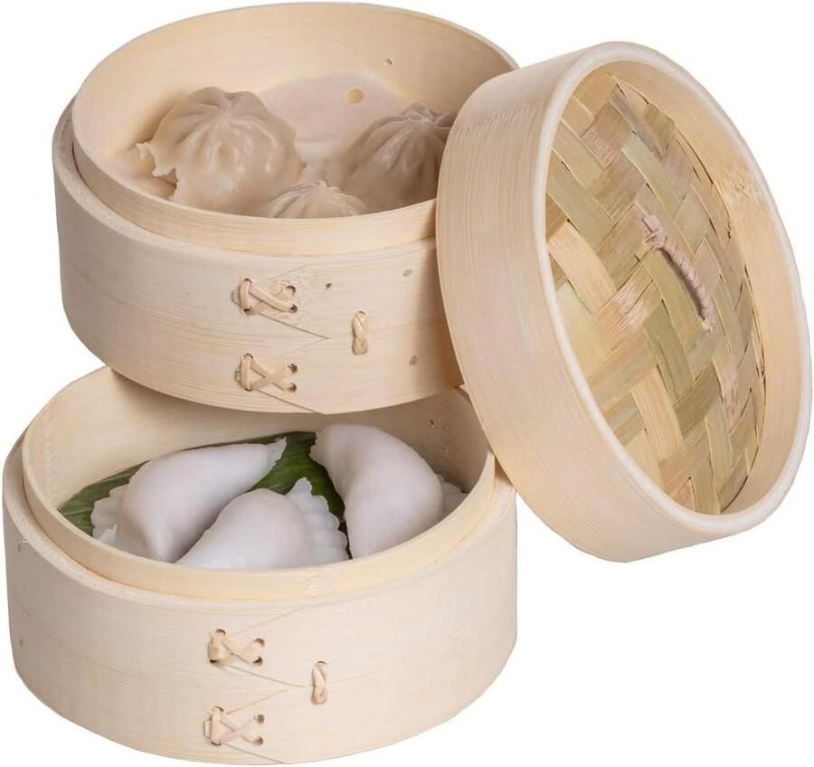 Stoommand Set Bamboe Manden Aziatisch Koken Natuurlijk Bamboe Materiaal Ø16 cm Bruin