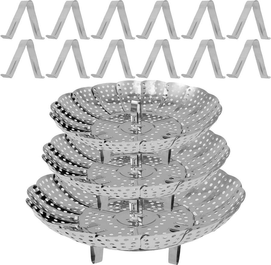 Stoommand Set Groente Stomer Gezond Koken Opvouwbaar RVS 3 Maten Zilver