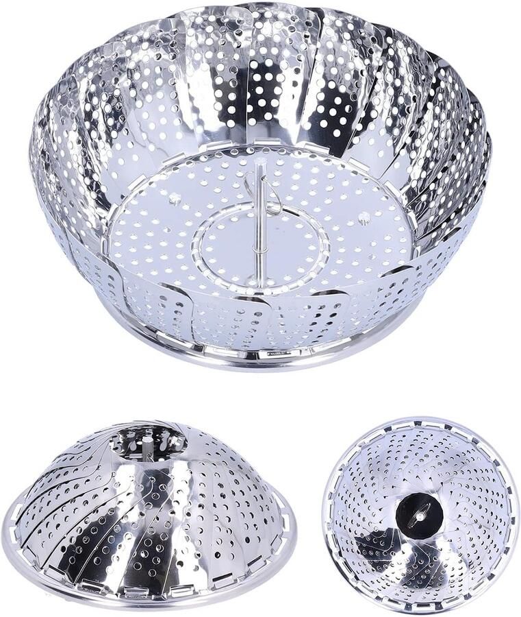 Stoommandje Rond Stoomrooster Keuken Gezond Koken Opvouwbaar Uitbreidbaar Universele Maat Zilverkleurig