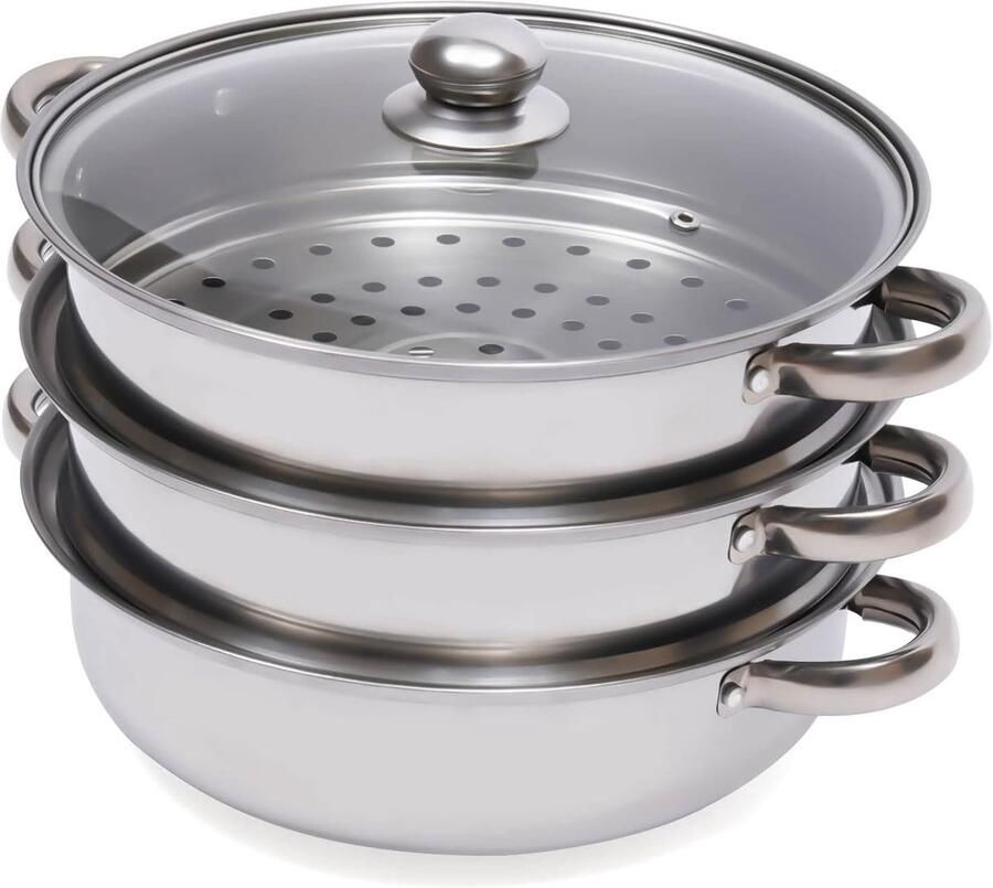 Stoompan met Deksel Drie Laags Kookpan Gezond Koken Grote Capaciteit 28 cm Zilverkleurig