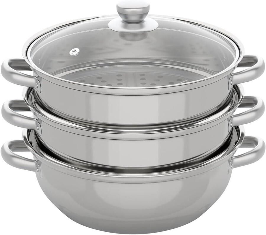 Stoompan 3 etages Drielaags kookgerei Gezond koken Roestvrij staal 28 cm Zilver
