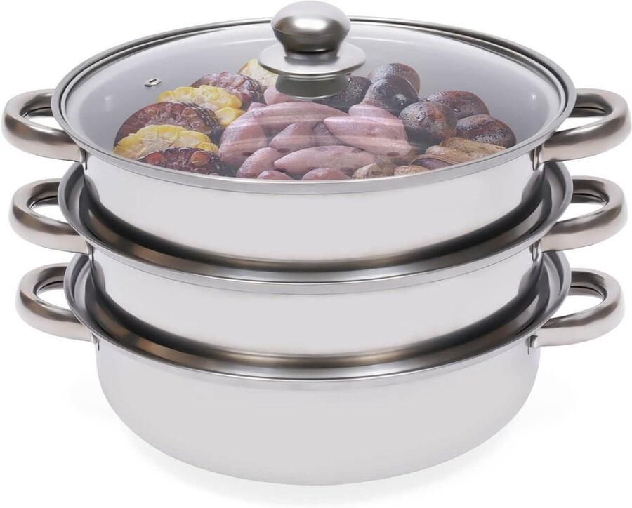 Stoompan 3 etages Kookpan met deksel Gezond Koken Roestvrij staal 28 cm Zilverkleurig