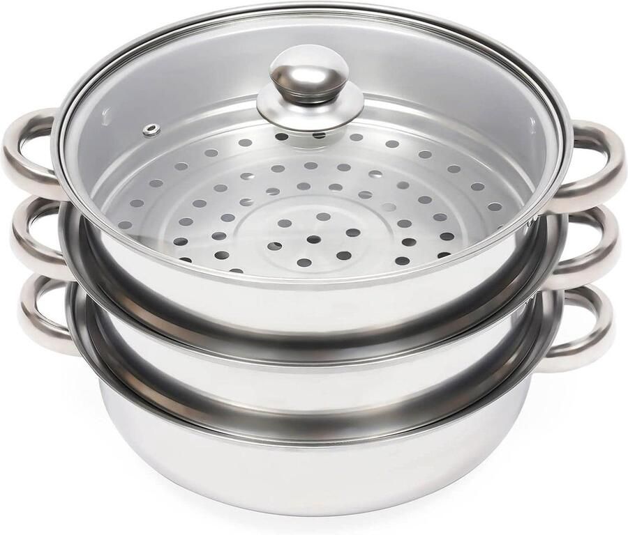 Stoompan 3 etages Stoomkoker RVS Gezond Koken Voor Alle Vuren 28 cm Zilver