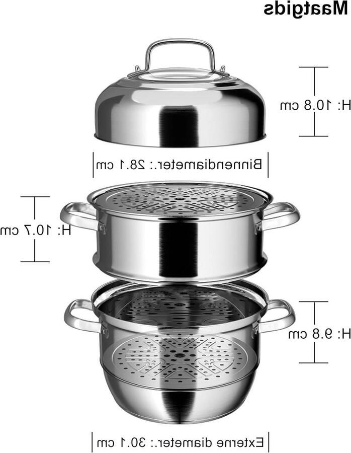 Stoompan 3 Lagen Grote stoomkoker Gezond Koken 3-laags Bodem 30 cm Zilver