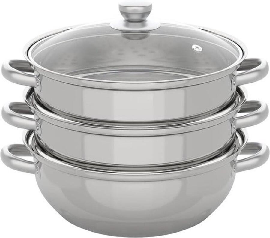 Stoompan 3 Lagen Kookpan Soeppan Gezond Koken Energiebesparende Bodem 28 cm Diameter Zilver