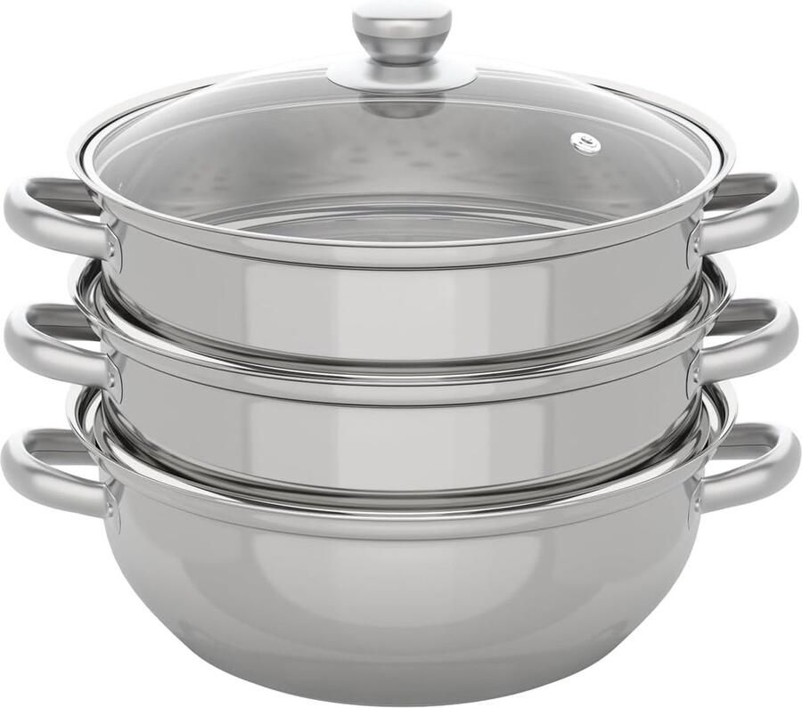 Stoompan 3 Lagen Kookpan Soeppan Gezond Koken Energiebesparende Bodem 28 cm Diameter Zilver