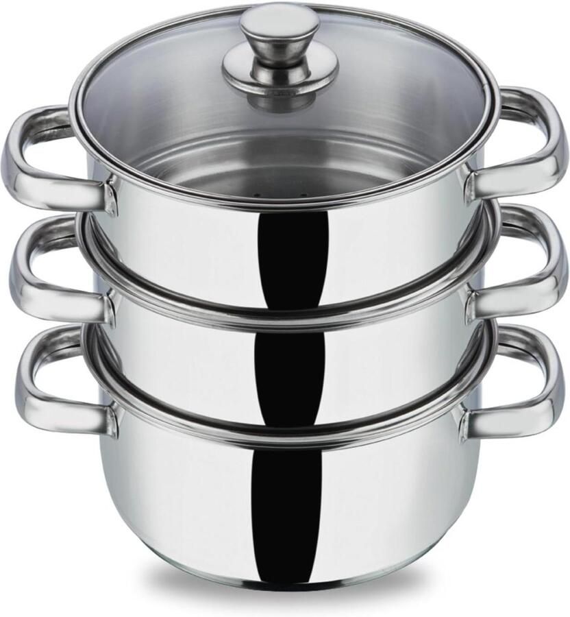 Stoompan 3 Lagen Kookpan Stomer Gezond Koken Stoomafvoer Glasdeksel 18 cm Diameter Zilverkleurig