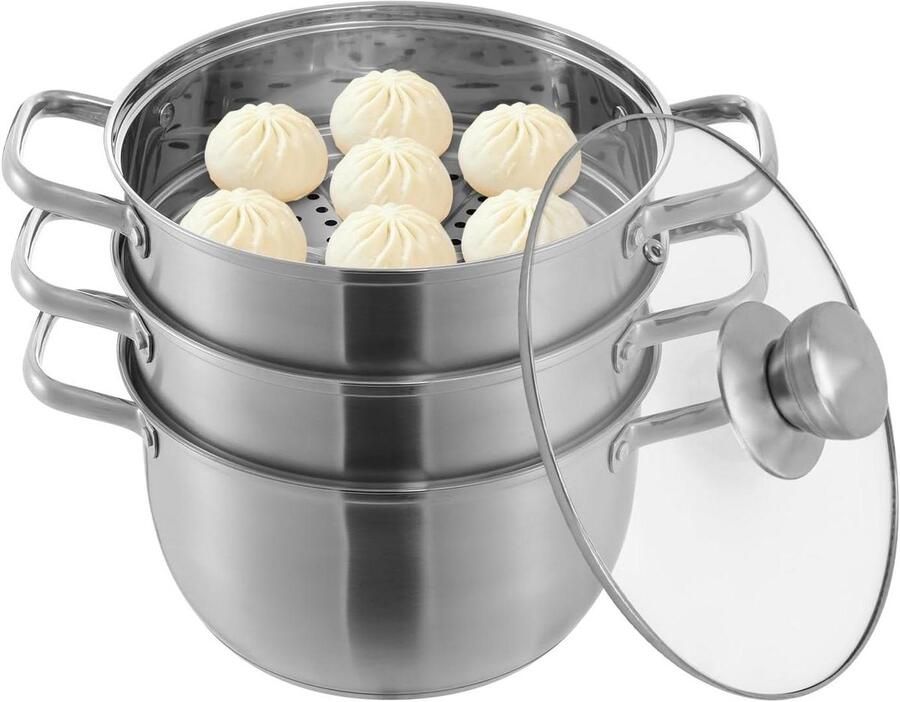 Stoompan 3 Lagen Soeppan Stoomkoker Gezond Koken Snelle Warmtegeleiding 20 cm Diameter Zilver