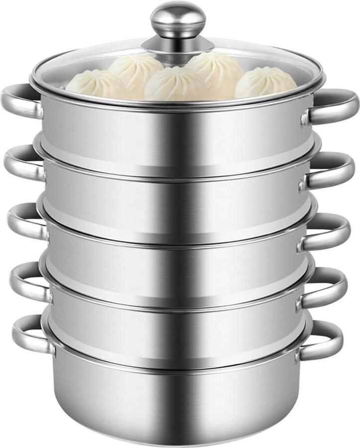 Stoompan 3 lagen Stoomkoker glazen deksel Gezond koken Gelijkmatige temperatuur 28 cm Zilver