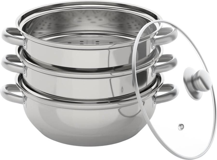 Stoompan 3 Lagen Stoomkoker RVS Gezond Koken Snel Warmtegeleidend 28 cm Diameter Zilver