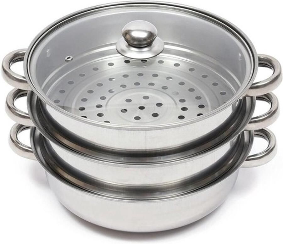 Stoompan 3 niveaus Stoomkoker set Gezond koken Roestvrij staal 28 cm Zilver