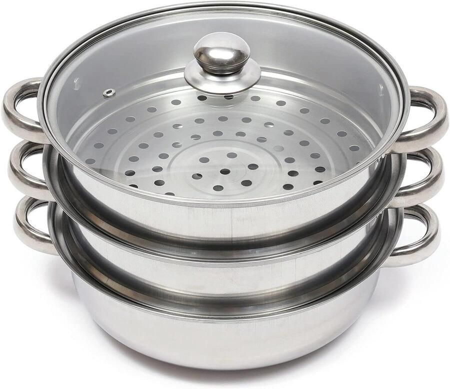 Stoompan 3 niveaus Stoomkoker set Gezond koken Roestvrij staal 28 cm Zilver