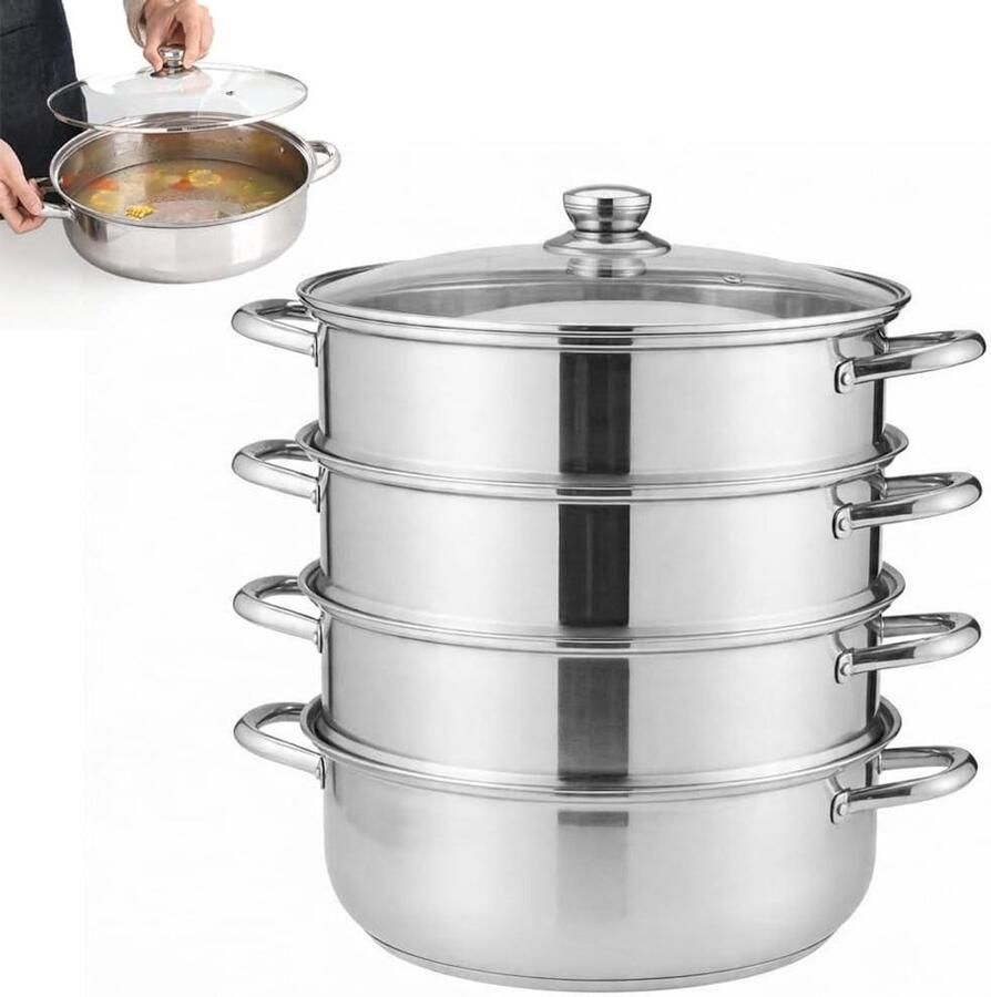 Stoompan 4 verdiepingen Kookpan stomer Gezond koken Roestvrij staal Ø28cm Zilver