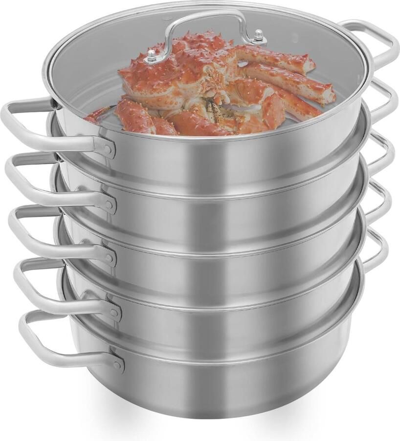 Stoompan 5 etages Stoomkoker RVS Gezond Koken Veelzijdig Stapelbaar 30 cm Diameter Zilverkleurig