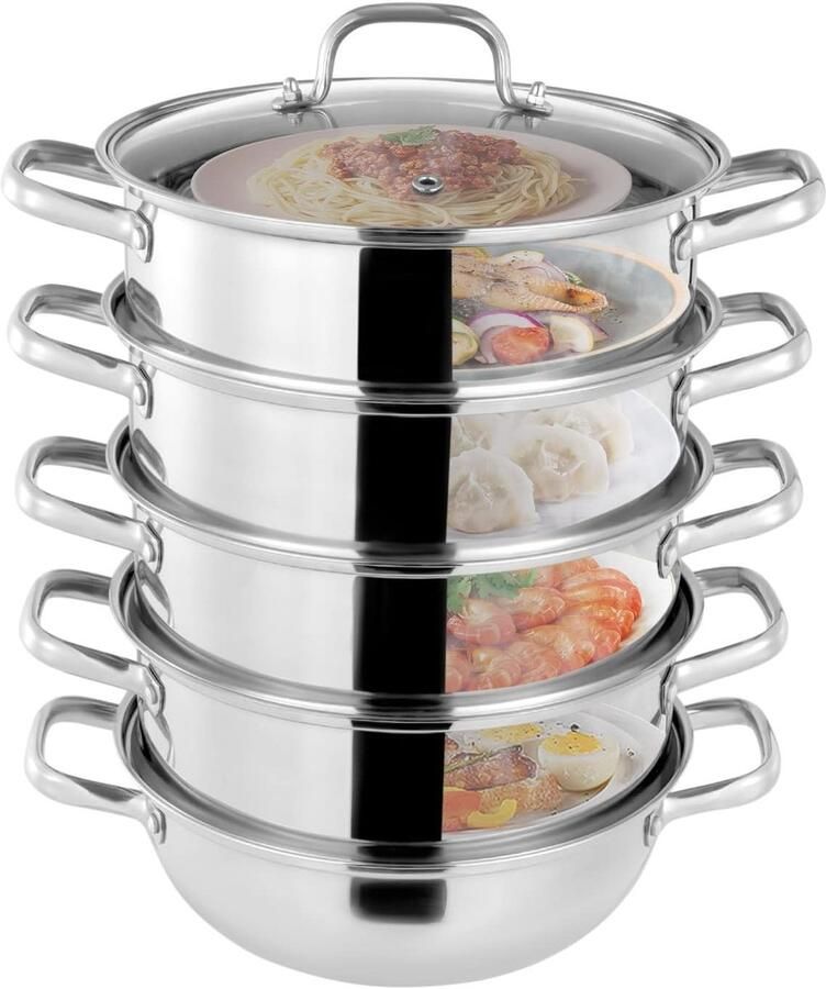 Stoompan 5 lagen RVS stoomkoker Gezond koken Grote capaciteit 28 cm Zilver