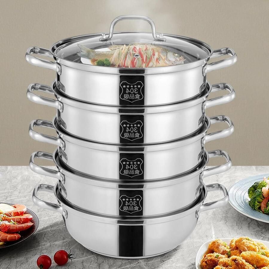 Stoompan 5 Lagen Stoomkoker Roestvrij Staal Gezond Koken Snelle Warmtegeleiding 30 cm Diameter Zilver