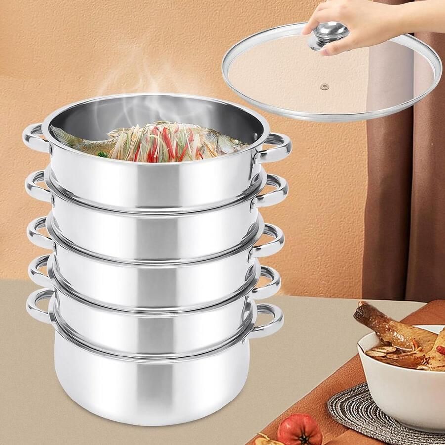 Stoompan 5 lagen Stoomkoker RVS Gezond Koken Grote capaciteit 28 cm Zilver