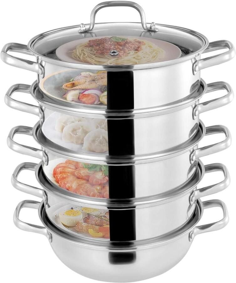 Stoompan 5 lagen Stoomkoker RVS Gezond Koken Snelle Warmteafvoer 28 cm Zilver