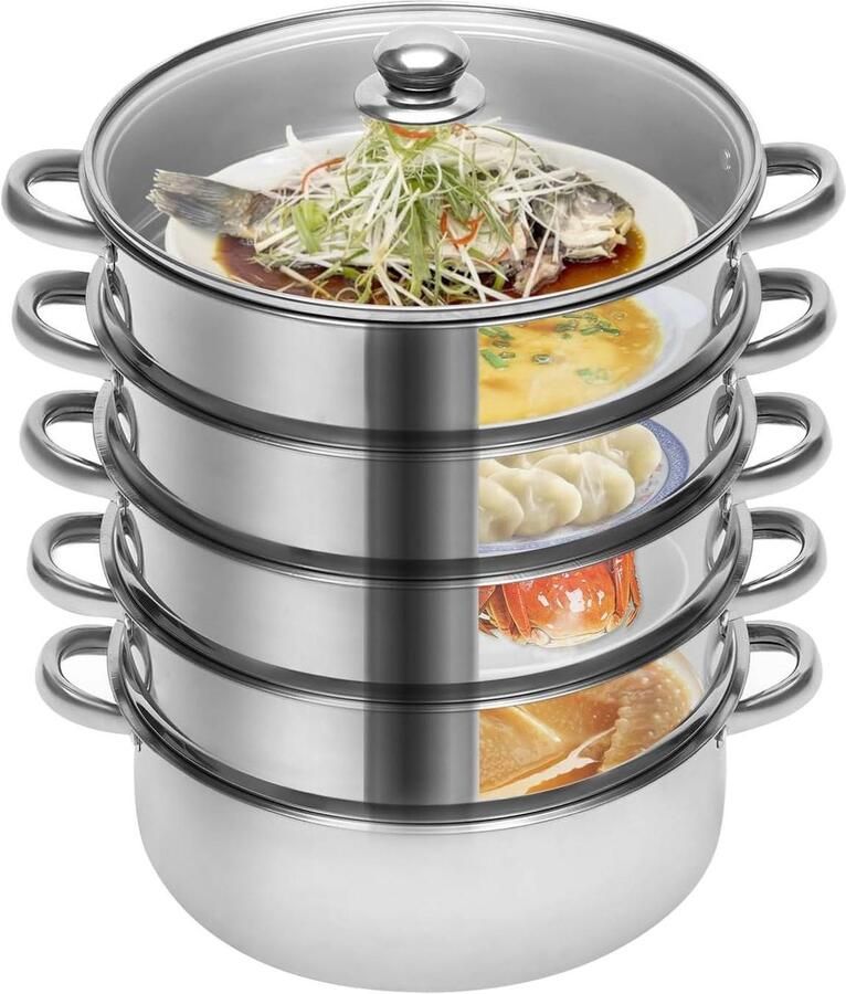 Stoompan 5 Niveaus Kookpan Stomer Gezond Koken Snelle Warmtegeleiding 26 cm Diameter Zilverkleurig