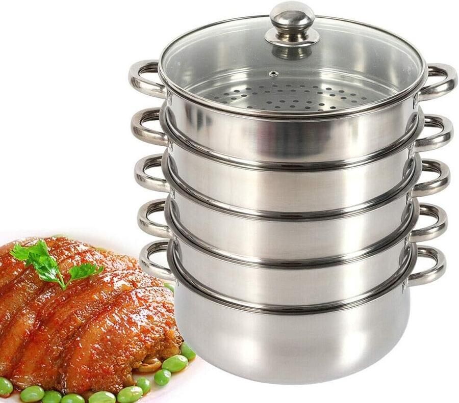 Stoompan 5 Verdiepingen Stoomkoker RVS Gezond Koken Grote Capaciteit 26 cm Diameter Zilver