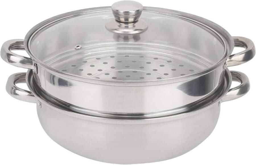 Stoompan Dubbel Dubbele Boiler Gezond Koken Gelijkmatige Verwarming 27 cm Diameter Zilver