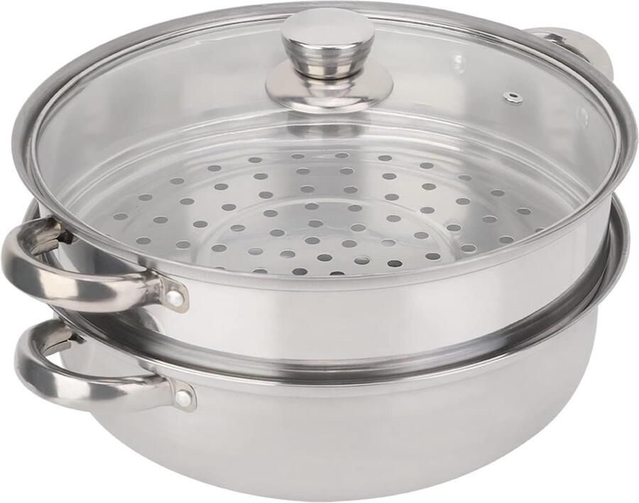 Stoompan Dubbel Stoomkoker RVS Gezond Koken Dubbele Boiler 27x27x19.5cm Zilverkleurig