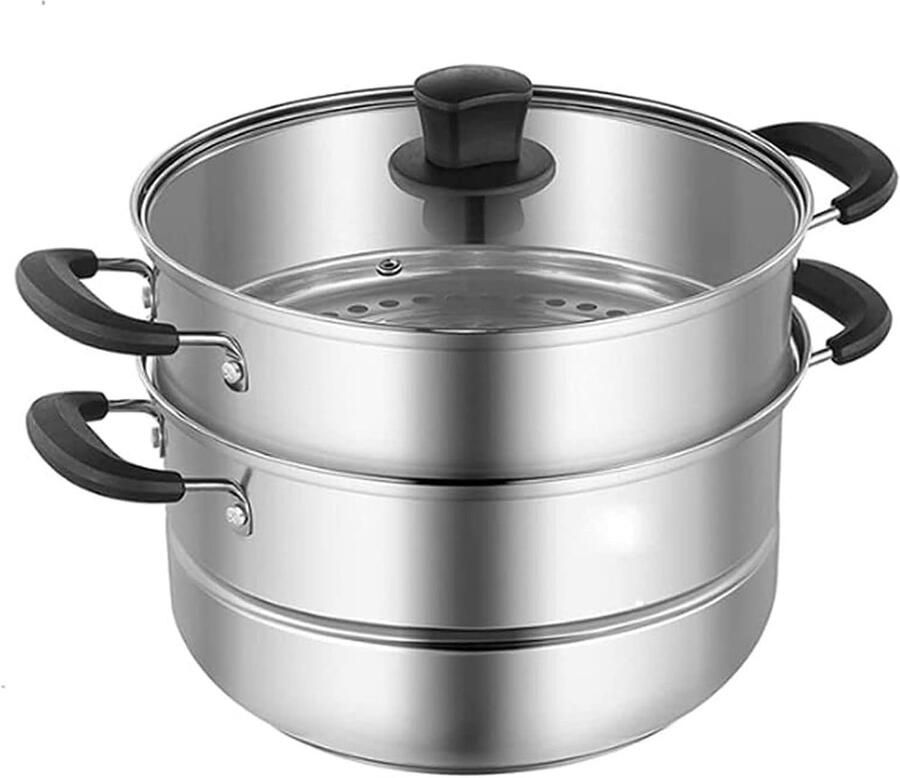 Stoompan Dubbele Laag Kookpan Stomer Gezond Koken Inductie Geschikt 2000 Gram Zilverkleurig