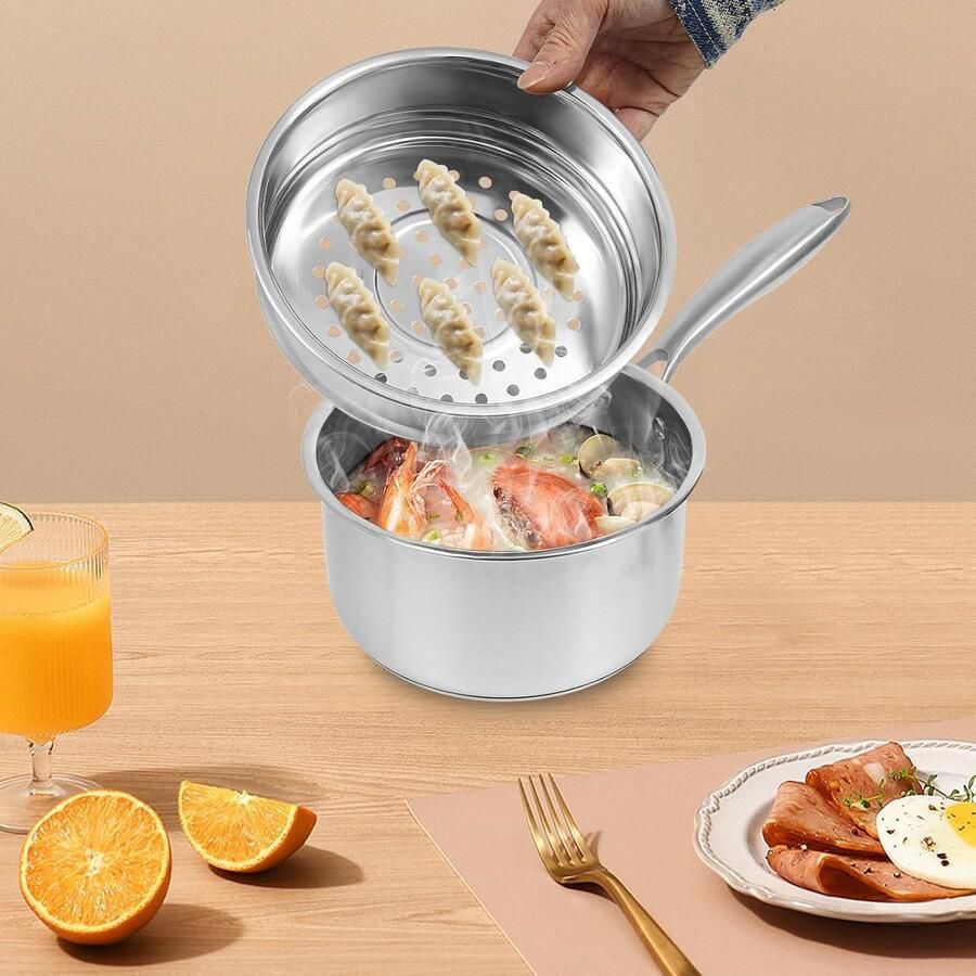 Stoompan Inductie Soeppan Glasdeksel Gezond Koken Dubbel Kookniveau 16 cm Zilver