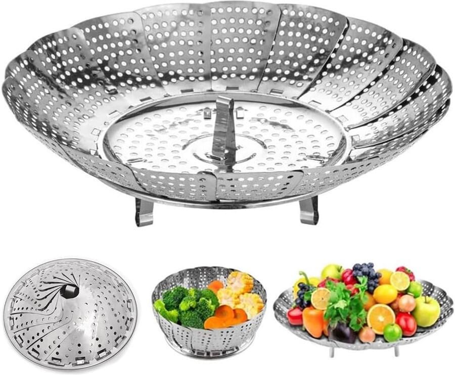 Stoompan Inzet Stoommand Vergrootbaar Gezond Koken Verstelbare Grootte Compact Opvouwbaar Zilverkleurig