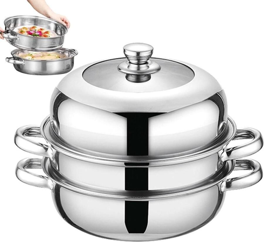 Stoompan Keuken Kookpan Stoom Gezond Koken Drielaags Ontwerp 29 x 28.2 x 11.6 cm Zilverkleurig