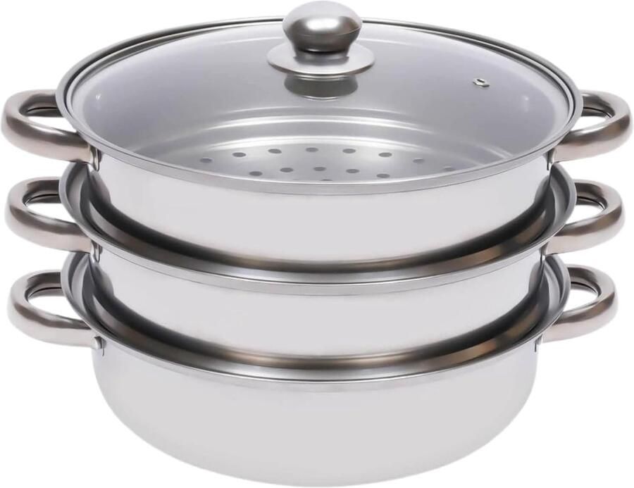 Stoompan Set Stoomkoker Roestvrij Staal Gezond Koken Stapelbaar Drielaags Ontwerp 28 cm Zilver