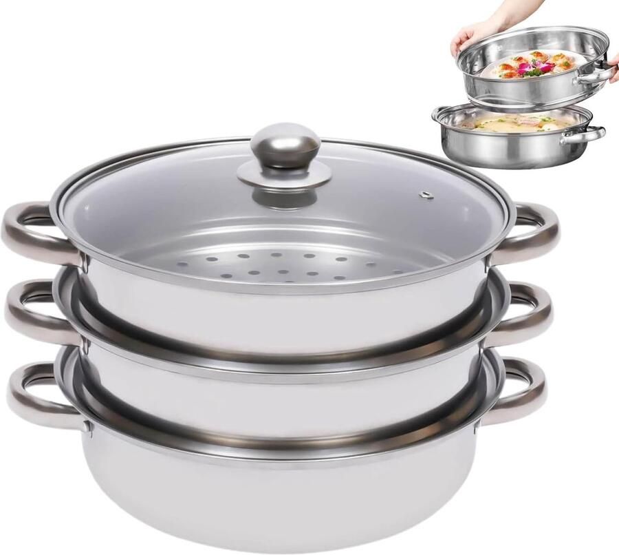 Stoompan Kookpan stomer Gezond koken Stapelbaar ontwerp 28 cm Zilverkleurig